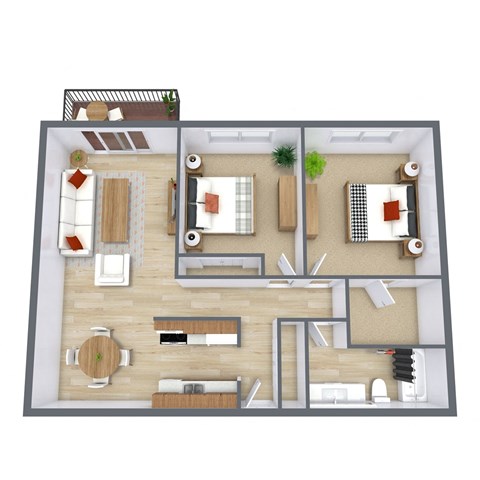 Floor plan for 2 beds, 1 bath, 940 sqft